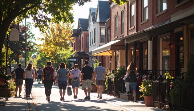 People Strolling on a Sunny Street Lined with Buildings and Trees.