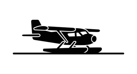 Black silhouette of a seaplane on water. © Budd