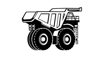 Black and white illustration of a large mining dump truck. © Budd