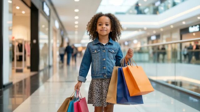 Happy little girl enjoying shopping spree with colorful bags in modern mall