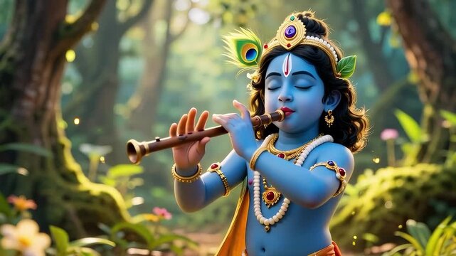 Adorable young Lord Krishna with blue skin playing a flute in a serene, magical forest setting, adorned with traditional jewelry and a peacock feather.