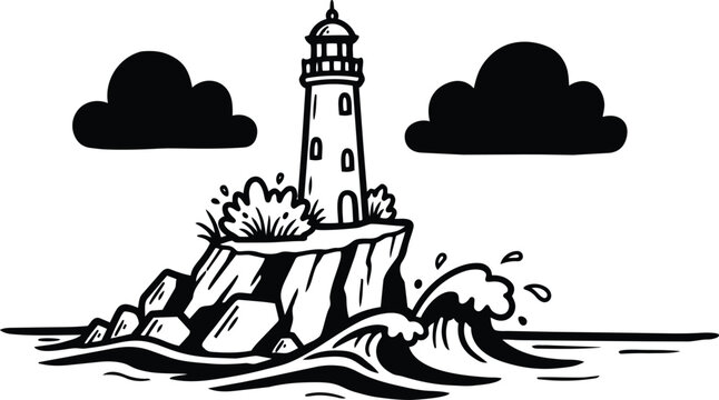 Line art lighthouse on rocky island with crashing waves two clouds side view coastal beacon black white vector minimal ink