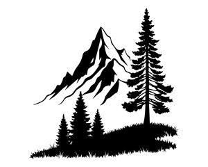 Obraz premium Black and White Mountain and Pine Tree Nature Silhouette Illustration