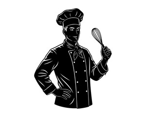 Naklejka premium Confident Male Chef with Whisk Black and White Vector Illustration