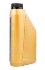 Golden plastic motor oil canister isolated on white background.