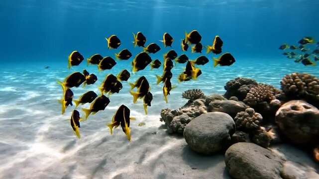 School of black tang fish swimming in clear blue ocean