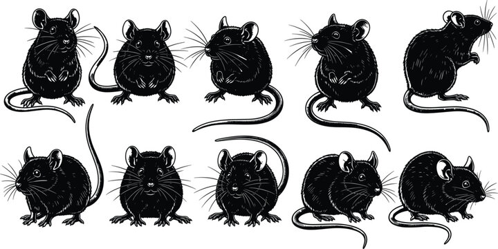 Mouse silhouettes set, rodent animal poses collection, small rat icons, pest control symbols, house mouse and field mice vector illustration,