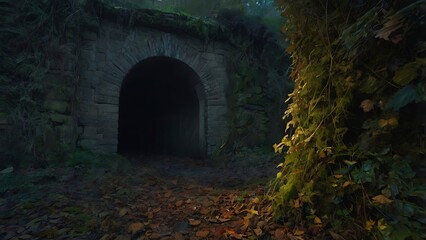 Obraz premium Blue Hour Railway Tunnel with Glowing Light and Moody Sky