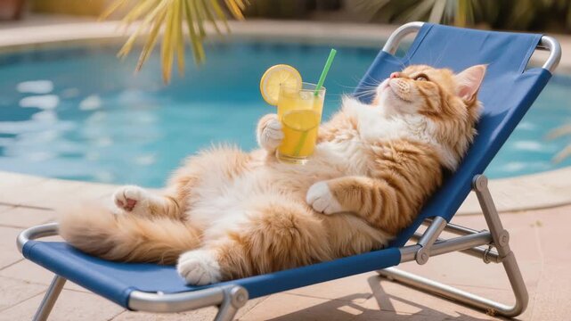Fluffy ginger cat lying on blue sun lounger near swimming pool holding glass of lemonade with lemon slice and straw. Humorous summer vacation relaxation and leisure lifestyle concept.