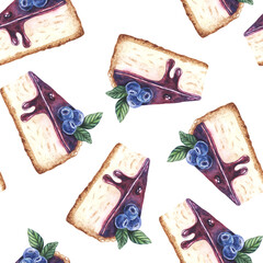 Blueberry cheesecake seamless pattern. Watercolor hand drawn dessert with bilberry. Isolated on white background. Perfect food menu, design packing, bakery shop, cooking, textile, fabric, design