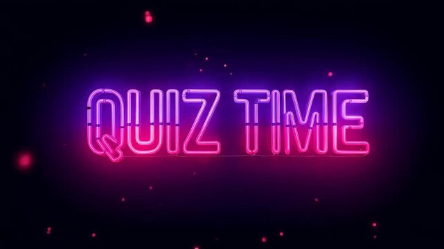 Vibrant neon quiz time sign with purple and pink glow