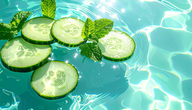 Cucumber slices mint leaves turquoise water summer refreshment healthy fresh cooling vibrant floating relaxation spa concept sunlight reflection hydration
