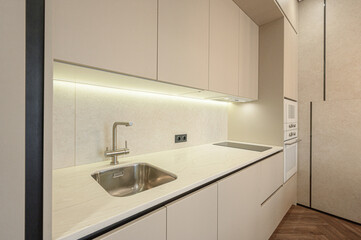 Fototapeta premium A sleek minimalist kitchen with off-white cabinetry, stainless steel sink, built-in oven, induction cooktop, and soft under-cabinet lighting