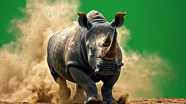 Powerful Rhinoceros Running Through Dust on Green Background