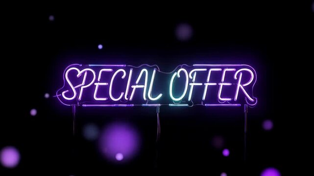 Vibrant neon special offer sign with purple glow on black background