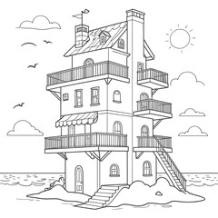 Fototapeta premium A multistory building with balconies and a mansard roof by the sea
