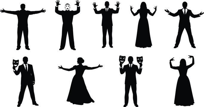 Theatre performance silhouettes, actor and actress standing, stage drama poses, people holding masks, opera singers, theatrical show, character expression, entertainment set.