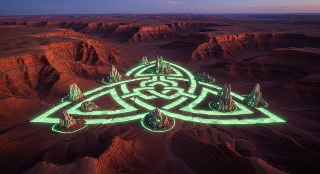 Bioluminescent Quintuple Helix Brand on a Vaste Hyperspectral Alien Desert Canyon Floor