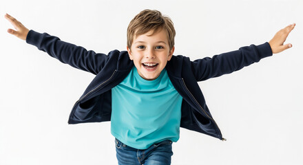 Child pretending to fly with arms out symbolizing imagination