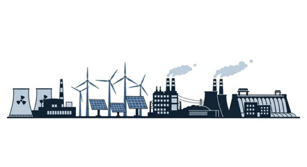 Obraz premium Industrial landscape with wind turbines and solar panels.