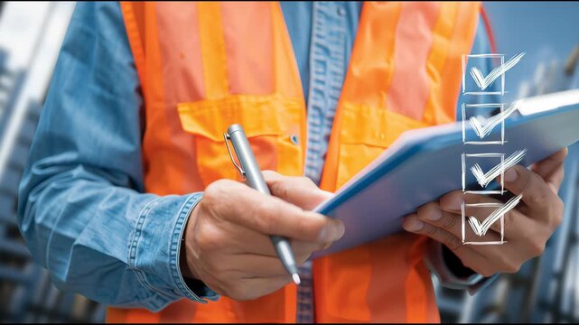 Construction worker in safety vest checking clipboard with checklist and checkmarks