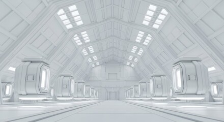 Obraz premium Futuristic Vaulted Chamber with Glowing Stasis Pods and Geometric White Architecture