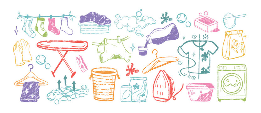 Crayon hand drawing laundry doodle icons. Kids color chalk line art set of clothes, stain detergents, washing machine, iron, baskets, household gloves, ironing board, soap bubbles or cleaning supplies