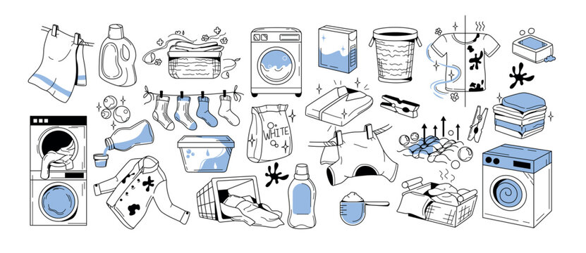 Hand drawn laundry doodle icon set. Laundromat concept with washing machines, clothes, detergent, baskets, socks on clothesline, household cleaning supplies. Simple line art illustration for housework