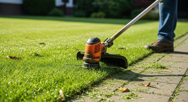 Man trimming lawn edges with handheld trimmer on sunny day. This image highlights home gardening and lawn maintenance, perfect for articles about spring yard makeover and landscaping.