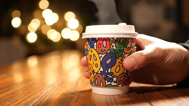 Hand holding coffee cup with vibrant design on wooden table