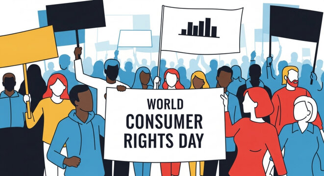 Diverse crowd protesting for world consumer rights day with signs and banners in a city