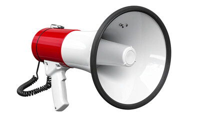 Red and white megaphone isolated on transparent background PNG, handheld loudspeaker for announcements, cheering, and promotion, ideal for marketing and design projects.