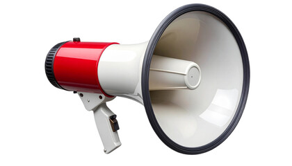 Red and white megaphone isolated on transparent background PNG, handheld loudspeaker for announcements, cheering, and promotion, ideal for marketing and design projects.