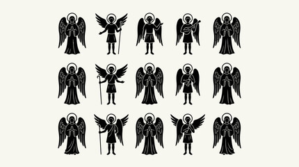 Angel Silhouette Vector Set – Sixteen Black Halo and Wing Designs Featuring Trumpets and Varied Poses for Religious, Festive, and Decorative Creative Projects