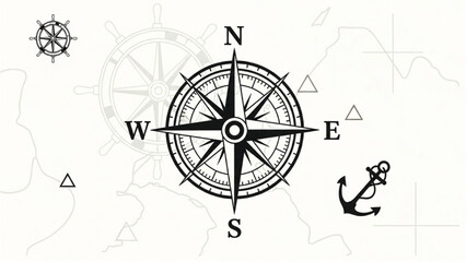 Detailed illustration of a compass rose on a navigation map with an anchor symbol © Stock Image Paradise