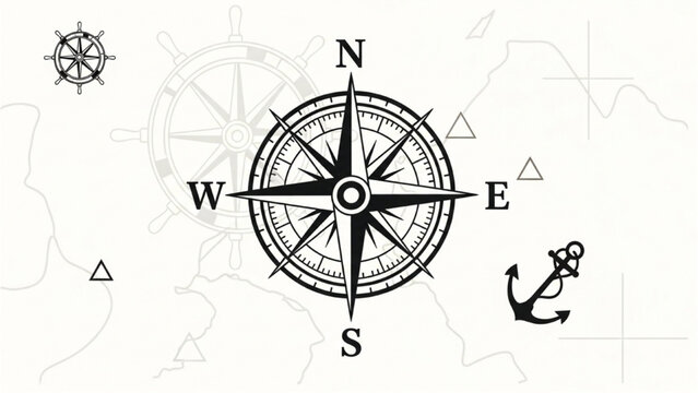 Detailed illustration of a compass rose on a navigation map with an anchor symbol