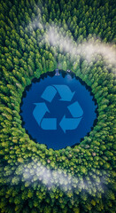 Fototapeta premium Aerial view of green forest around a blue lake with recycling symbol. Represents environment, ecology, and sustainability concepts for environmental cause