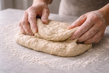 Close-up of hands slowly folding soft bread dough on a floured surface, delicate creases and flour-dusted fingers in natural light capture a quiet artisan baking moment