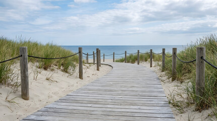 Weathered wooden boardwalk path leading through sandy dunes with tall green beach grass towards a calm blue ocean under a cloudy summer sky.