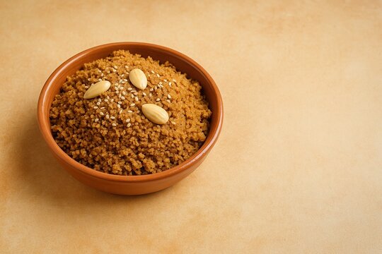 Traditional Maghrebi sellou dessert with almonds and sesame in a terracotta bowl on warm background, toasted flour and nut mixture styled for culinary marketing with copy space