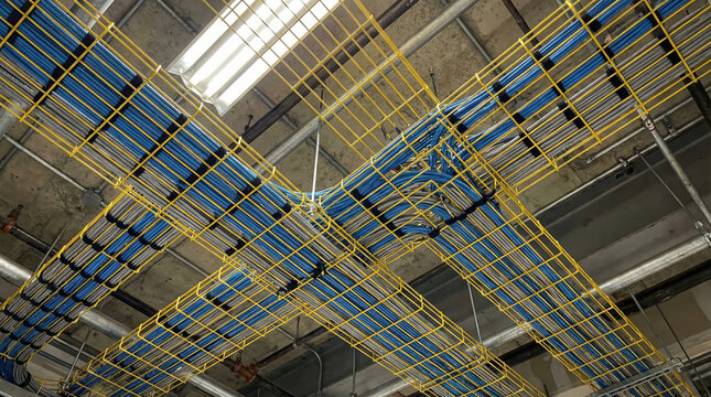 Cable tray system with blue and gray wires. Organized network infrastructure for data centers. Technology and modern communication concept.