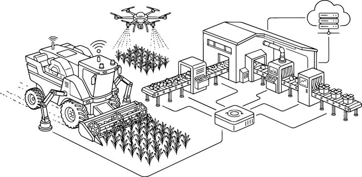Vector Line Art of Industrial Agriculture Infrastructure: Tractor Seeding, Combine Harvester, and Large Grain Silos