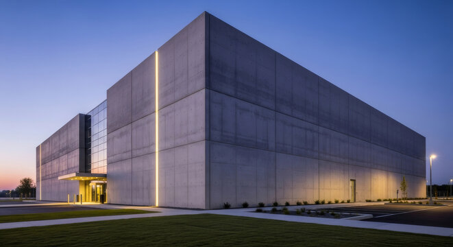 Modern concrete data center building exterior at twilight. Large server facility for big data network protection and cloud storage.