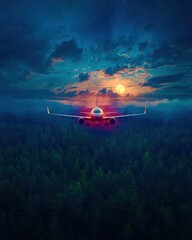 Fototapeta premium A plane is flying through a forest at night with a full moon in the sky