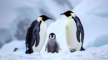 Obraz premium Penguin Family. A view of a cute Emperor Penguin couple with a small offspring, on snowy Antarctic landscape.