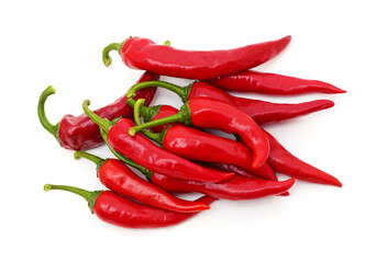 Group of ripe red chili peppers isolated on a white background.
