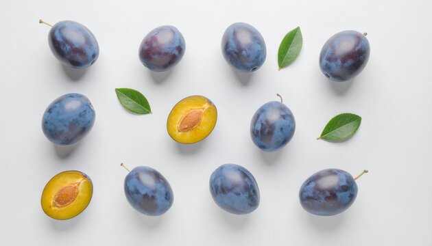 白背景に並んだフレッシュプルーンとカット断面のフラットレイ