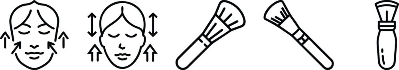 Obraz premium Makeup and facial contouring icons: brushes, face with upward arrows indicating lifting, and clean lines for beauty services. on a transparent background