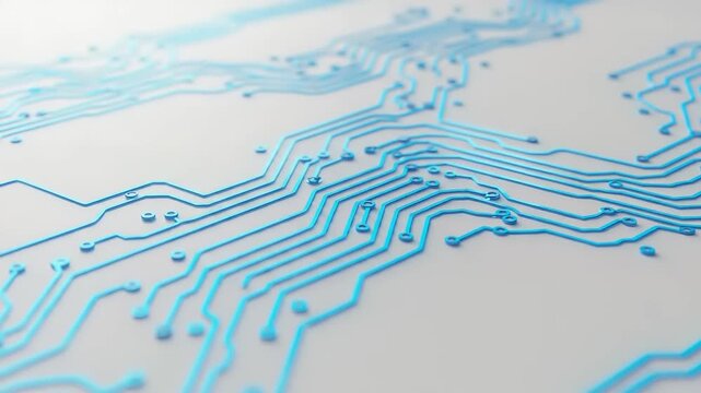 Close-up view of a futuristic circuit board with intricate blue pathways and connections, showcasing advanced technology and electronic design elements.