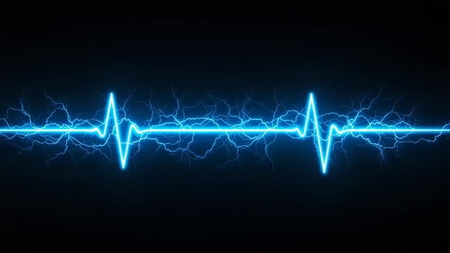 Electricity pulses through a dark environment, illustrated by a vibrant blue heartbeat line amidst sparking energy, viewed from a straightforward perspective